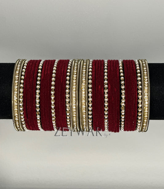 BANGLES | Maroon | Velvet Bangles with Pearl & Polki Karey