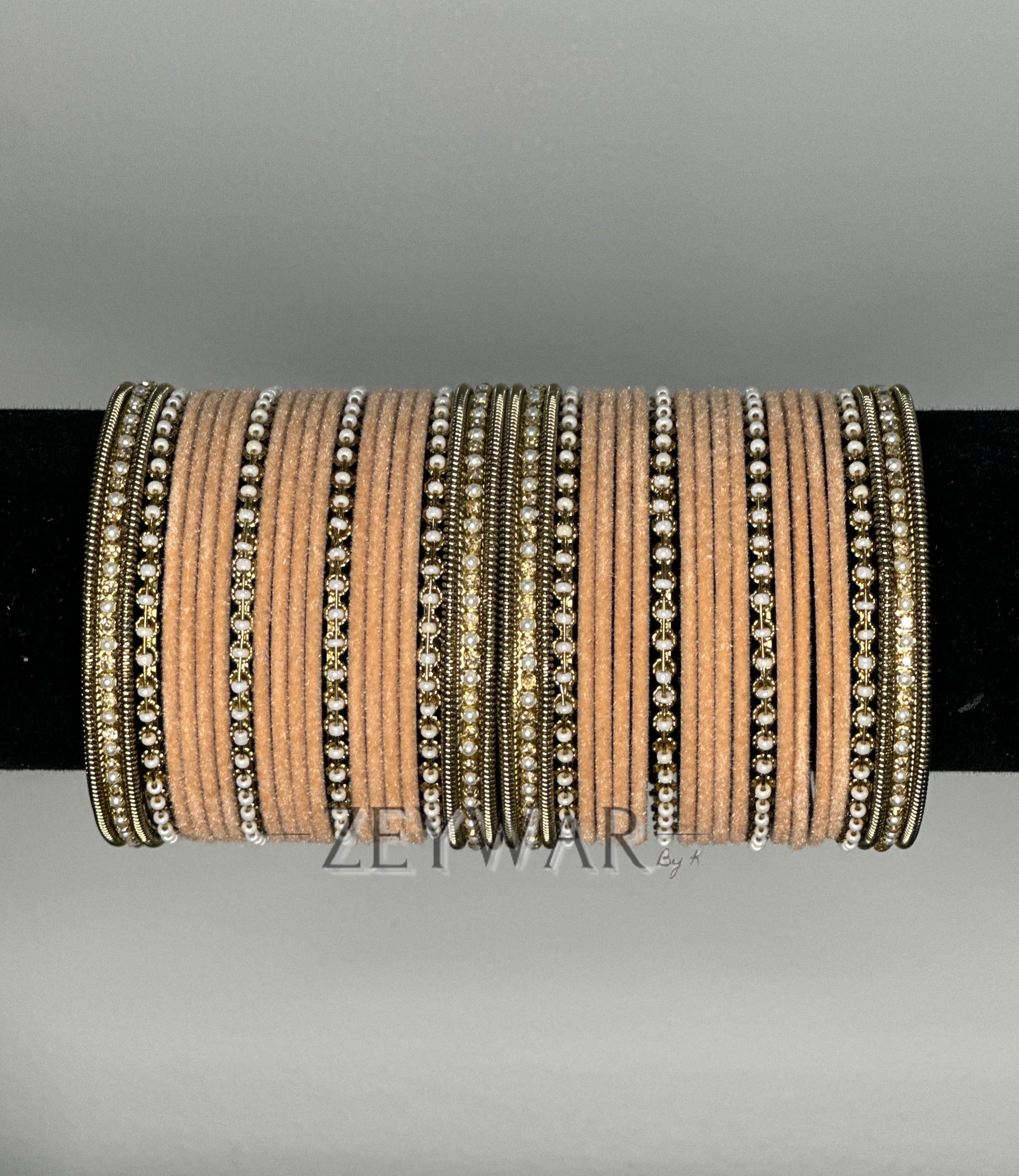 BANGLES | Peach | Velvet Bangles with Pearl & Polki Karey