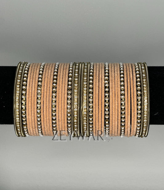 BANGLES | Peach | Velvet Bangles with Pearl & Polki Karey