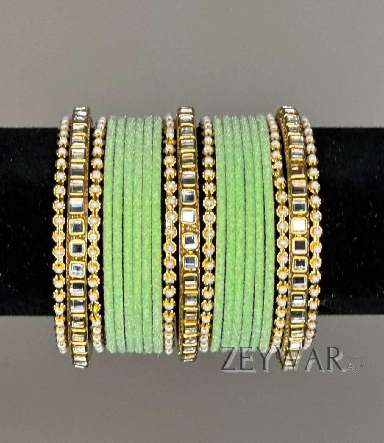 BANGLES | Mint Green | Velvet Bangle with Kundan Dividers