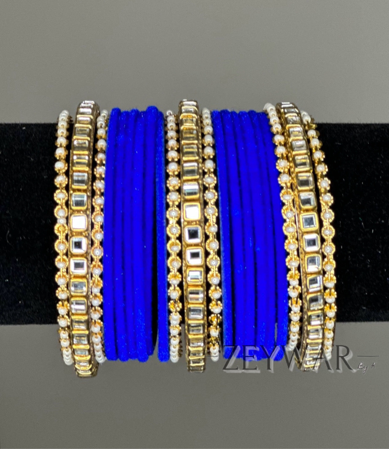 BANGLES | Royal Blue | Velvet Bangle with Kundan Dividers