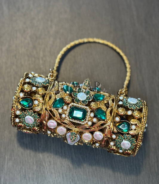 AMAL | Large Embellished Kundan & Metal Clutch with Top Handle