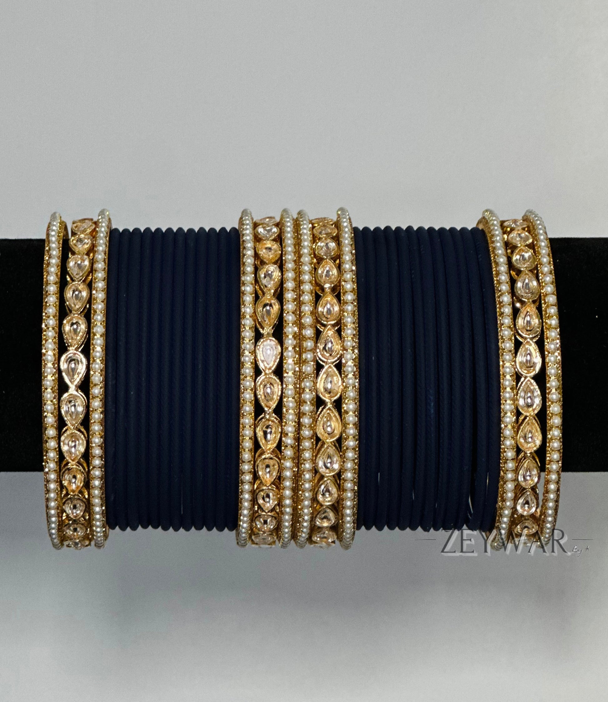 BANGLES | Navy Blue | Glass Bangles with Kundan & Pearl Karey