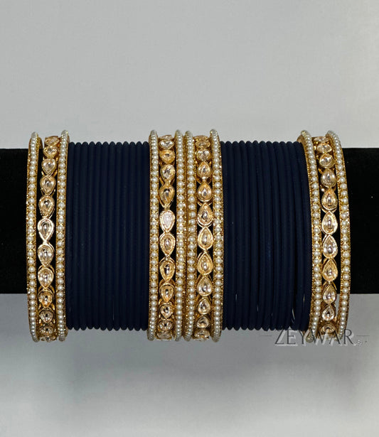 BANGLES | Navy Blue | Glass Bangles with Kundan & Pearl Karey