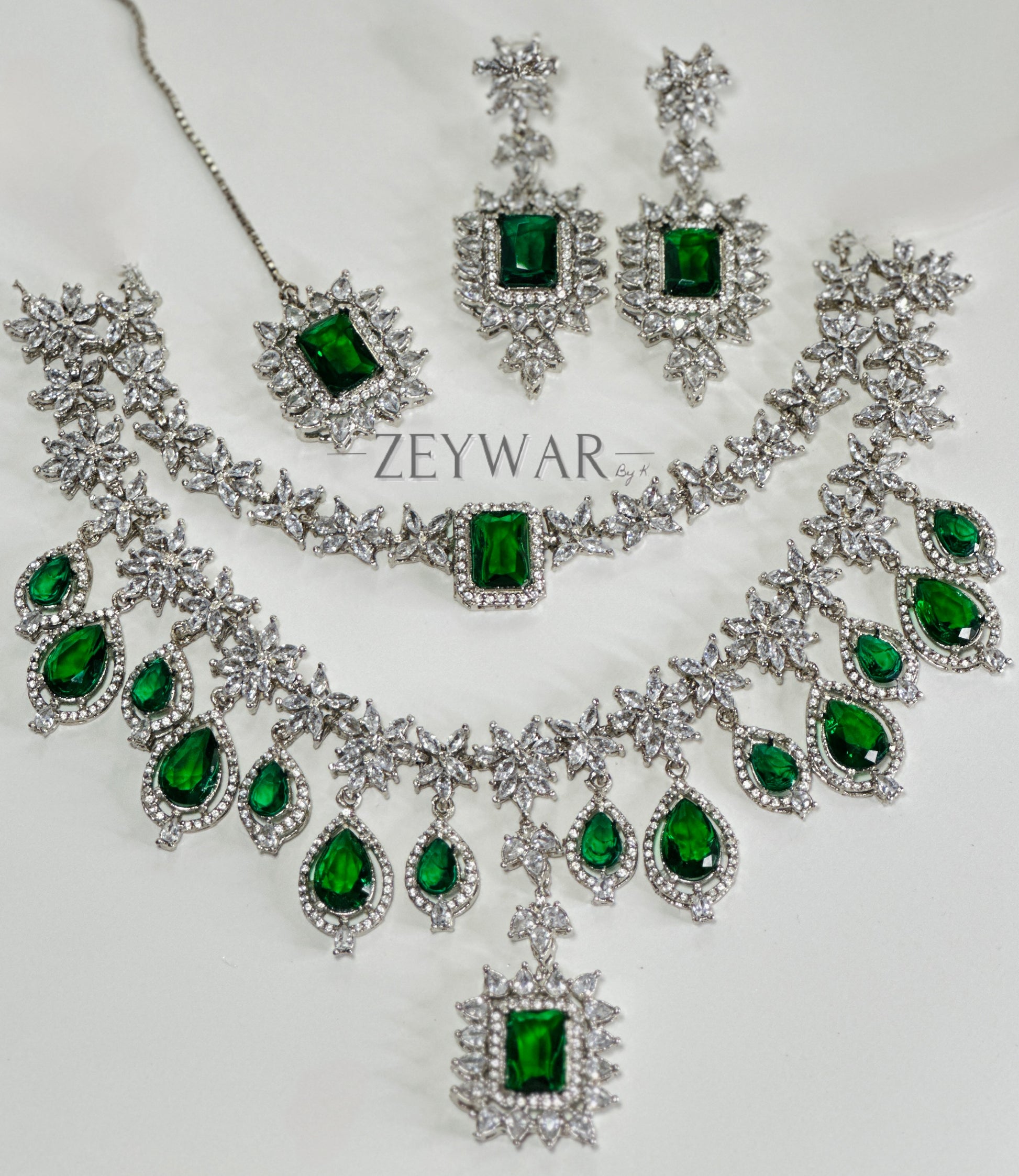 AMEERAH [Silver] | CZ Double Layer Necklace with Earrings & Tikka