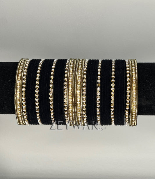 BANGLES | Black | Velvet Bangles with Pearl & Polki Karey
