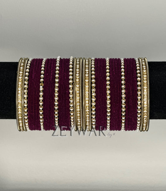 BANGLES | Plum | Velvet Bangles with Pearl & Polki Karey