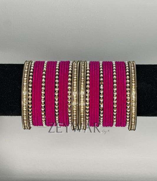 BANGLES | Hot Pink | Velvet Bangles with Pearl & Polki Karey