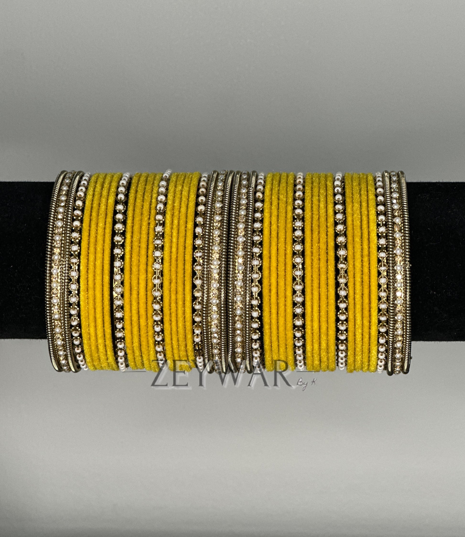 BANGLES | Mustard Yellow | Velvet Bangles with Pearl & Polki Karey