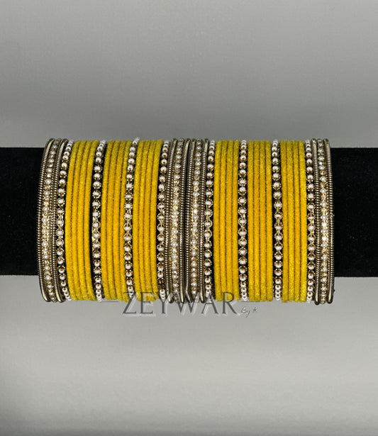 BANGLES | Mustard Yellow | Velvet Bangles with Pearl & Polki Karey