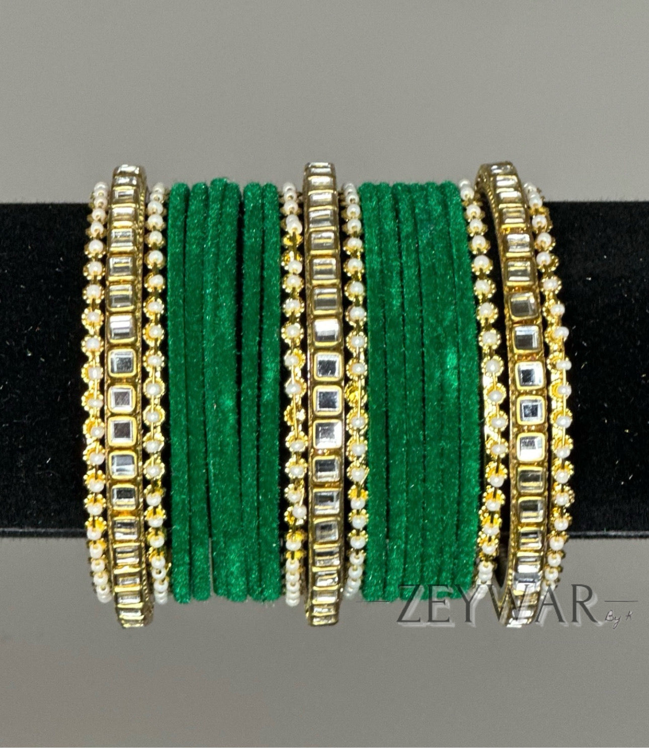 BANGLES | Emerald Green | Velvet Bangle with Kundan Dividers