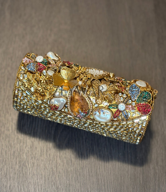 AMISHA | Medium Embellished Kundan & Metal Clutch