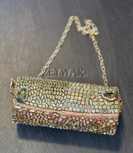 ARISHA | Medium Cylinder Shaped Kundan & Metal Clutch