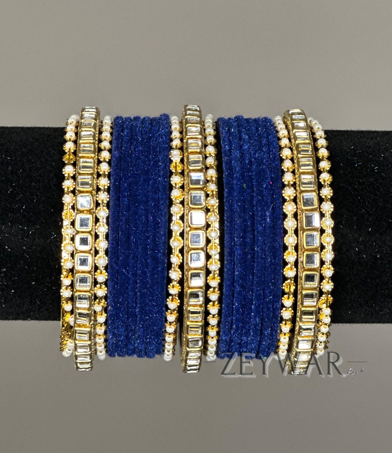 BANGLES | Navy Blue | Velvet Bangle with Kundan Dividers