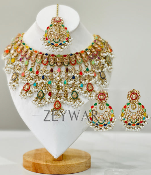 JAWARIA | Polki Necklace with Earrings & Tikka