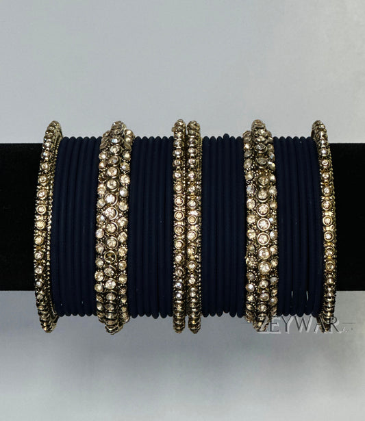 BANGLES | Navy Blue | Glass Bangles with Polki Karey