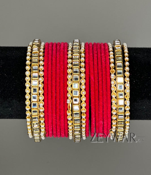 BANGLES | True Red | Velvet Bangle with Kundan Dividers