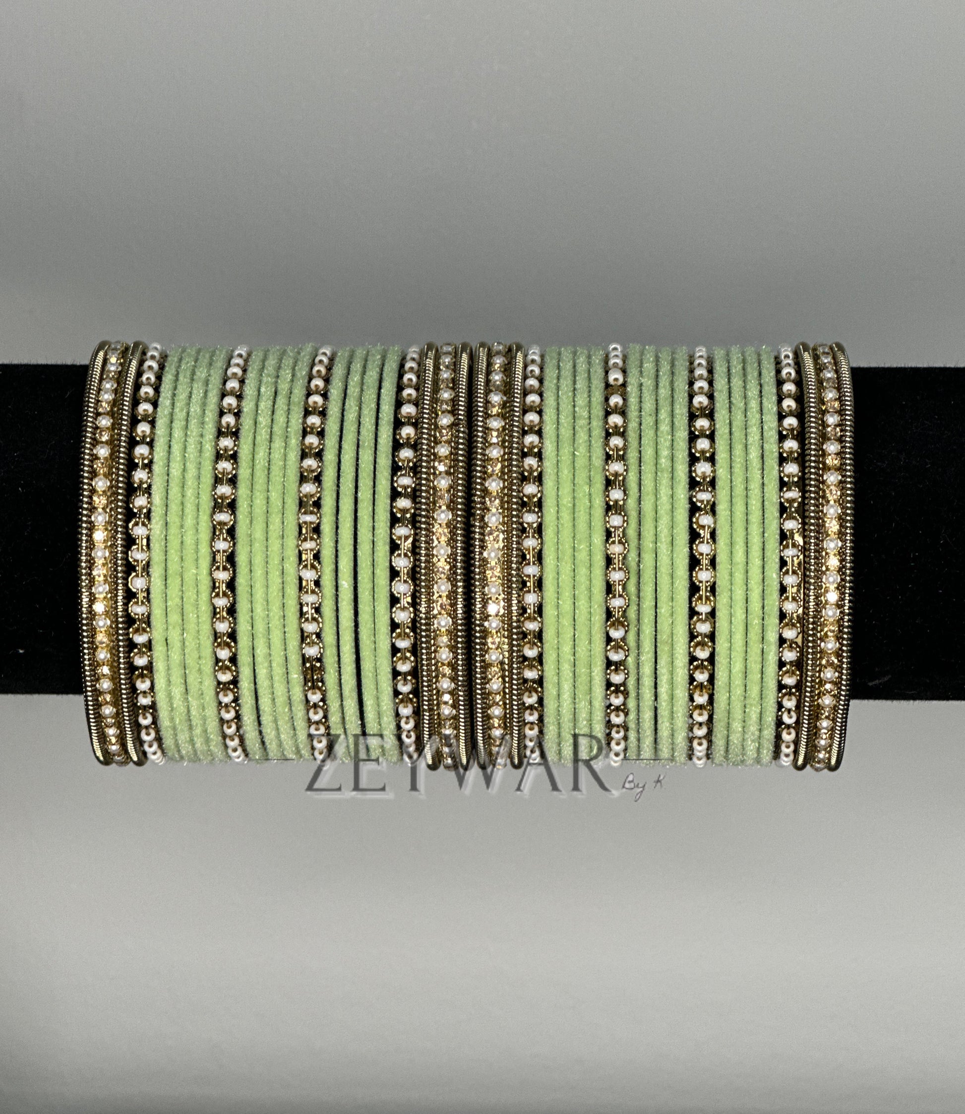 BANGLES | Mint Green | Velvet Bangles with Pearl & Polki Karey
