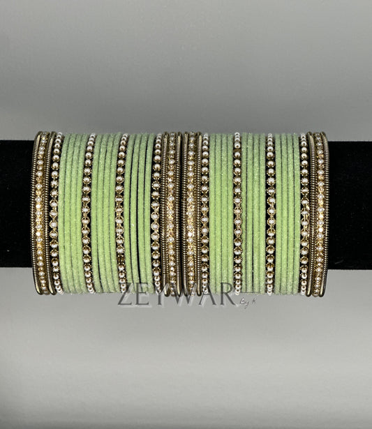 BANGLES | Mint Green | Velvet Bangles with Pearl & Polki Karey