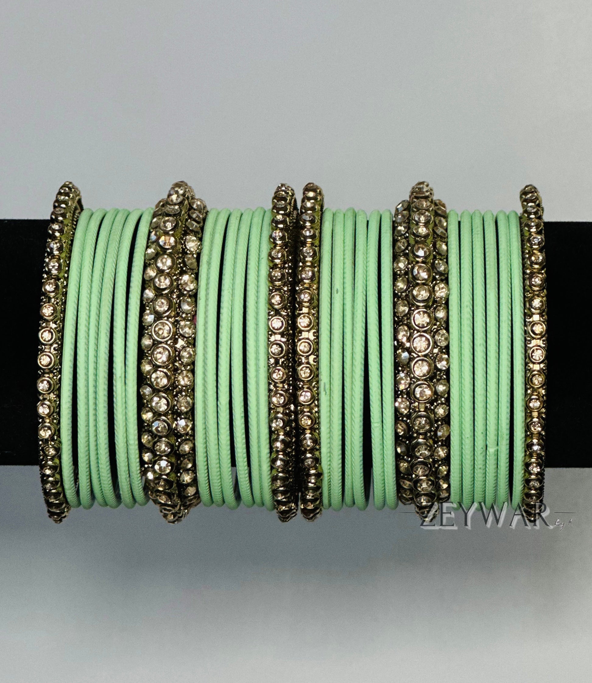 BANGLES | Mint Green | Glass Bangles with Polki Karey