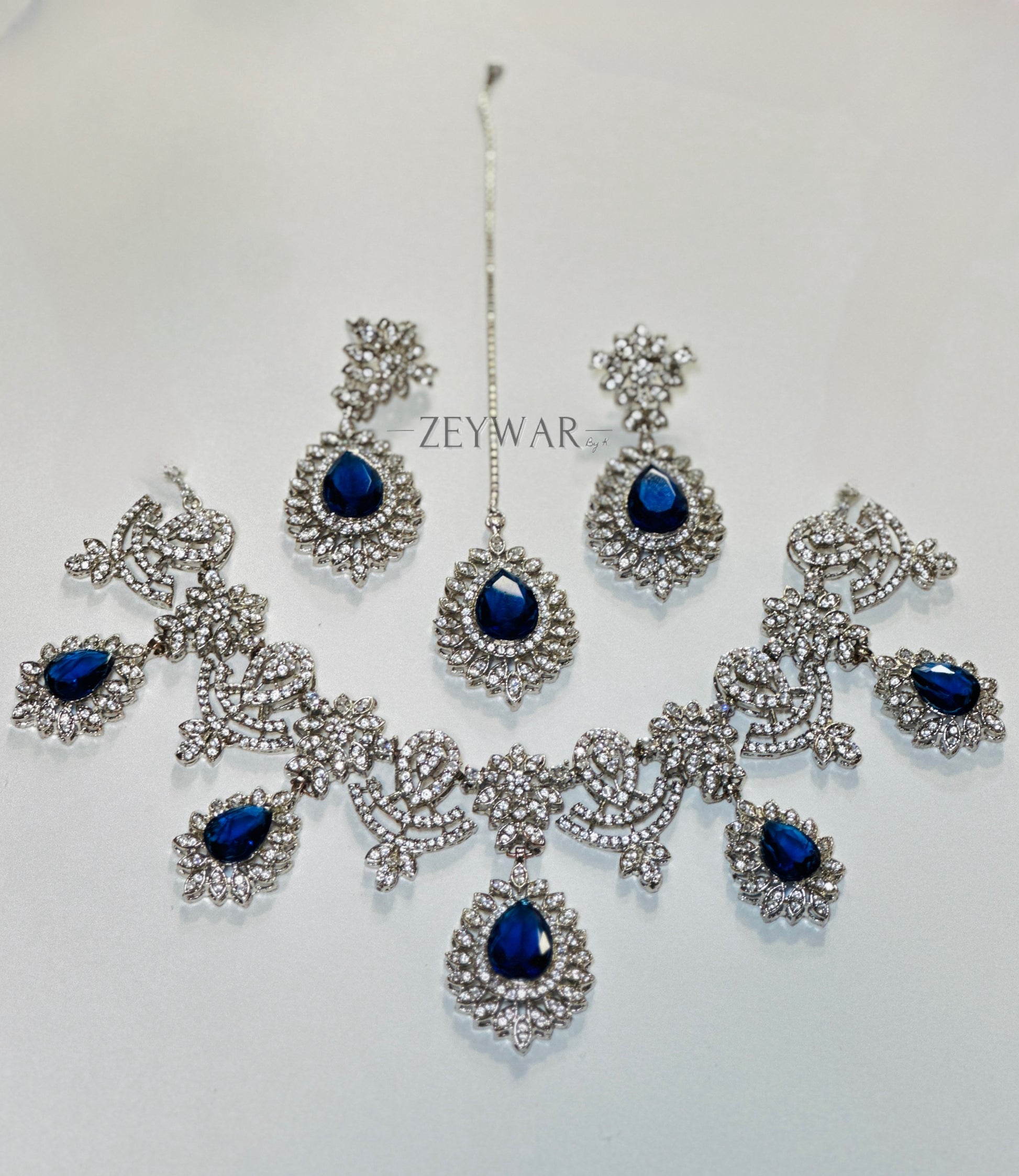 HAFSA [Silver] | CZ Neckline with Earrings & Tikka