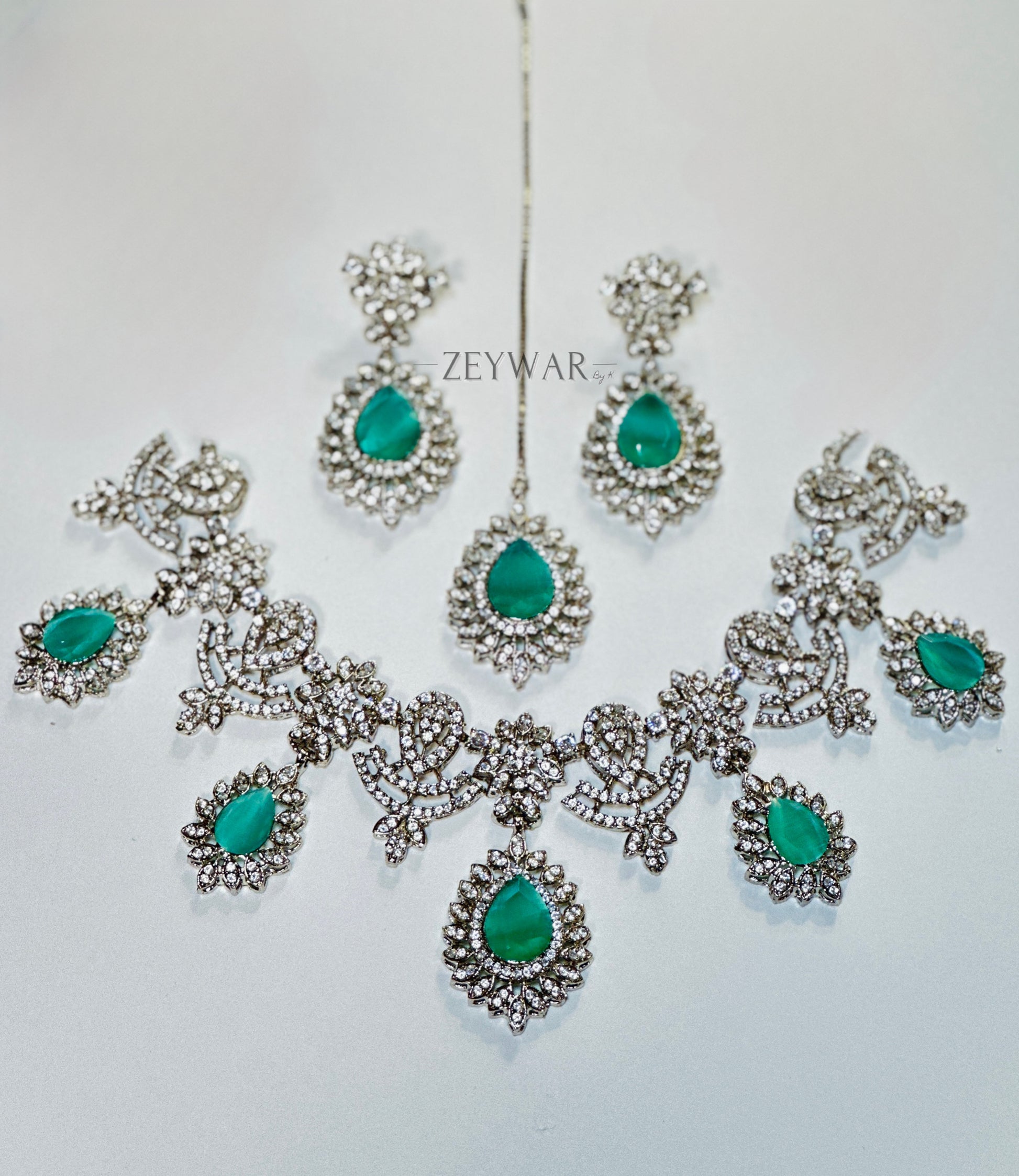 HAFSA [Silver] | CZ Neckline with Earrings & Tikka