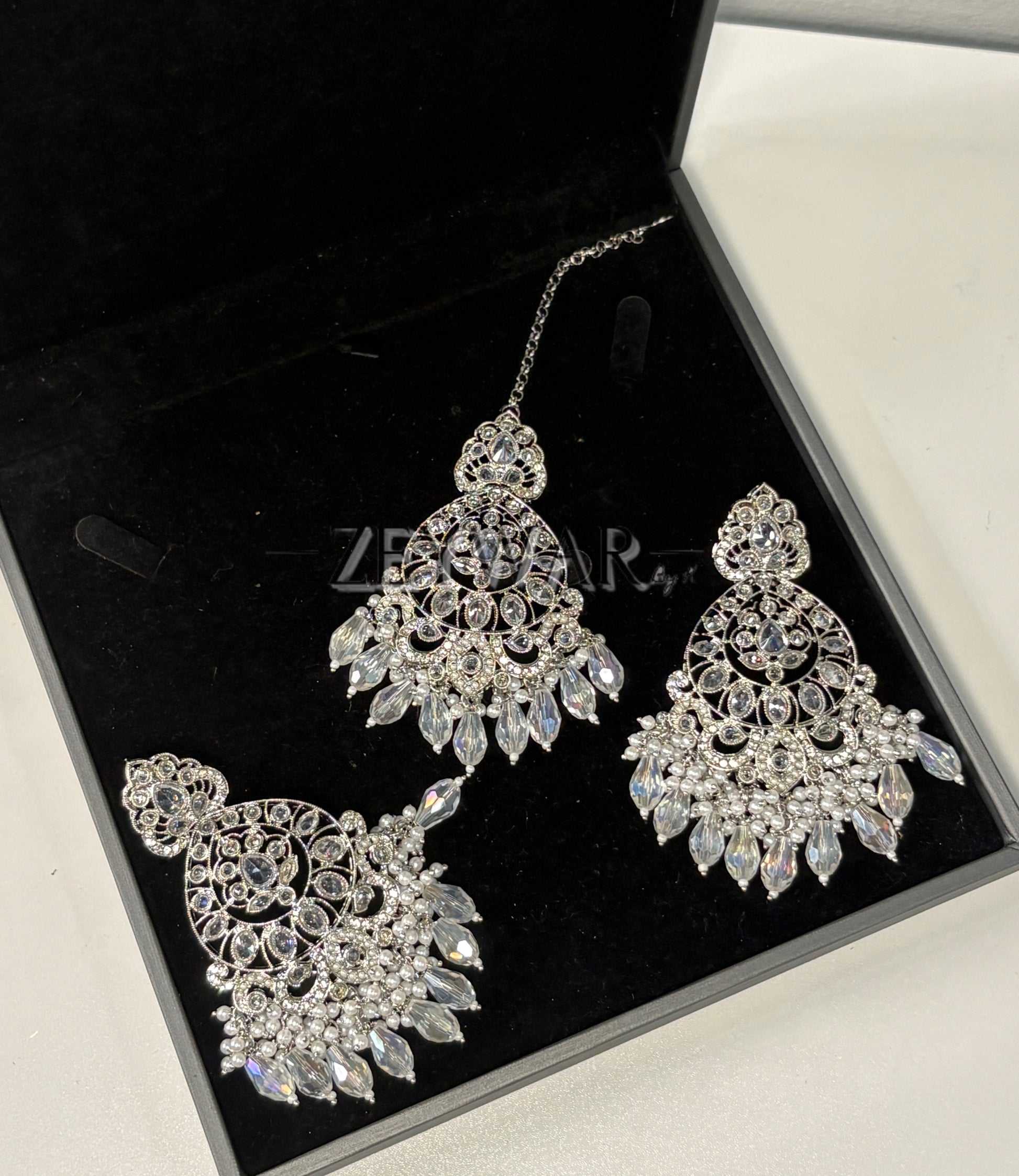 NIHARIKA | Silver Polki Earring & Tikka with Teardrop Pearls