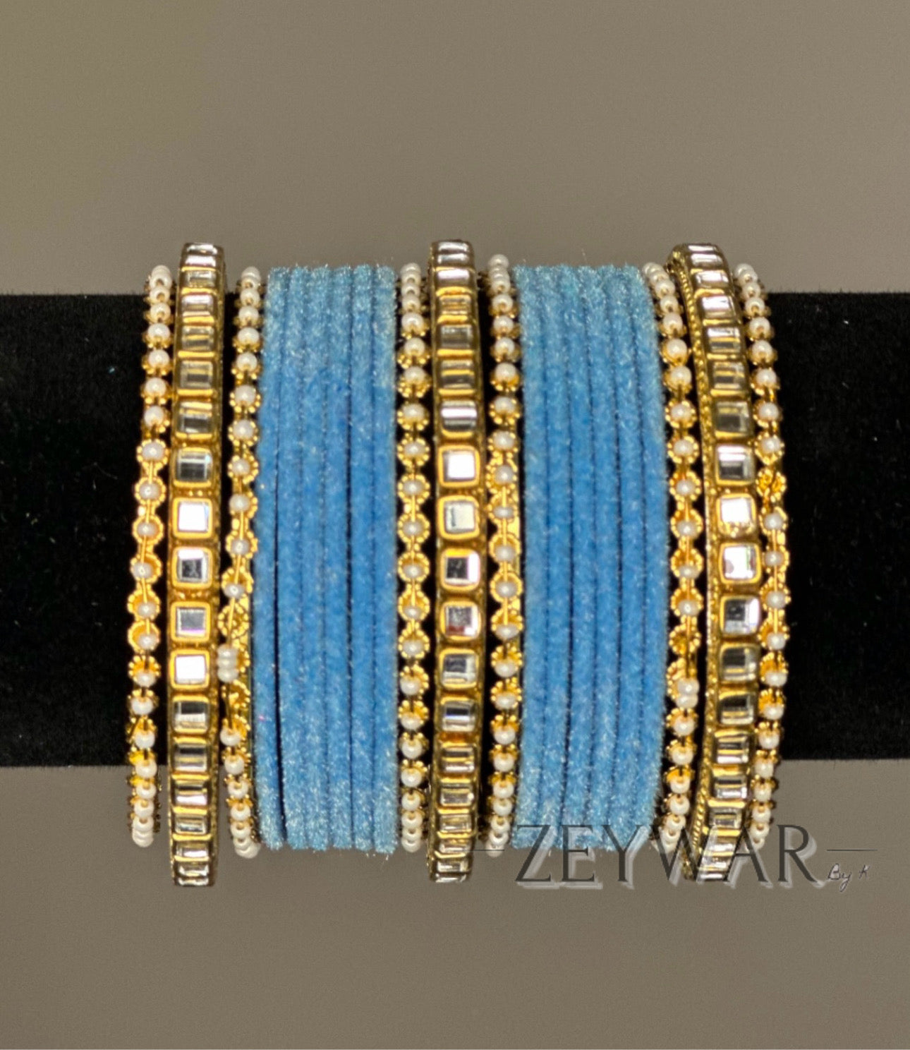 BANGLES | Baby Blue | Velvet Bangle with Kundan Dividers