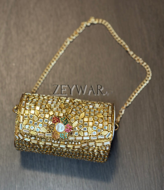 VANYA | Mini Cylinder Shaped Kundan & Metal Clutch