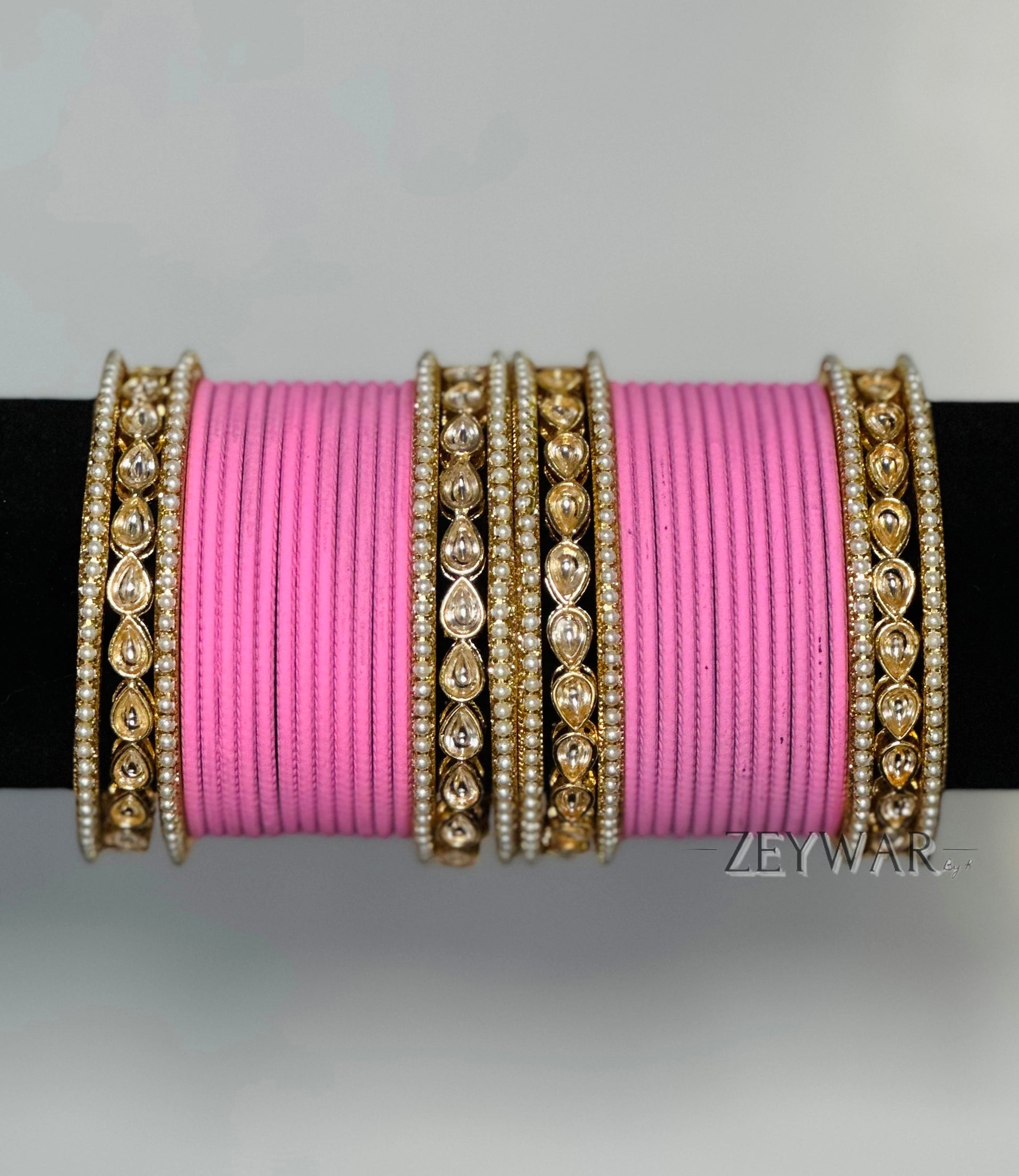 BANGLES | Baby Pink | Glass Bangles with Kundan & Pearl Karey