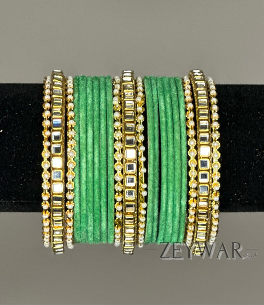 BANGLES | Sea Green | Velvet Bangle with Kundan Dividers