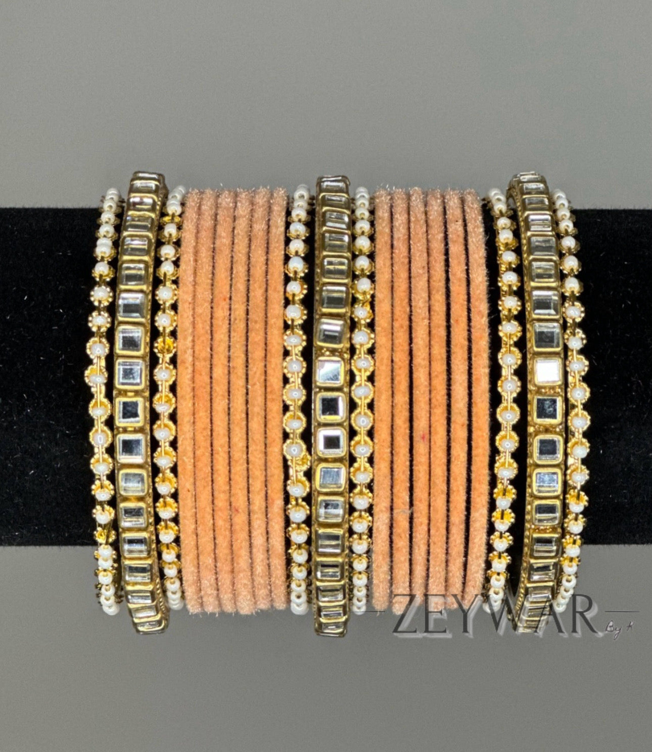 BANGLES | Peach | Velvet Bangle with Kundan Dividers