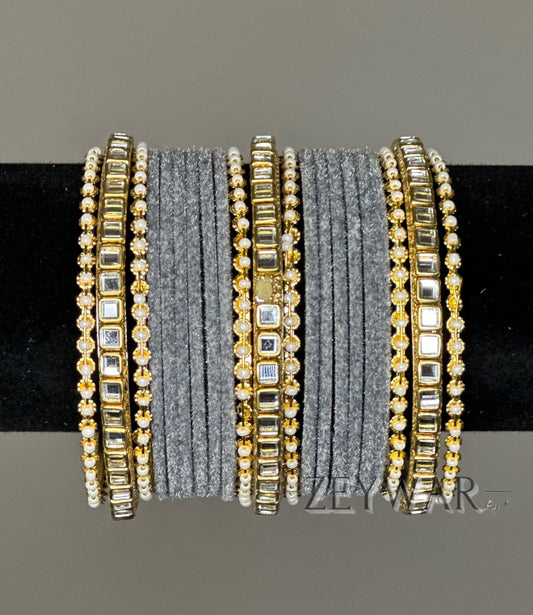 BANGLES | Light Gray | Velvet Bangle with Kundan Dividers