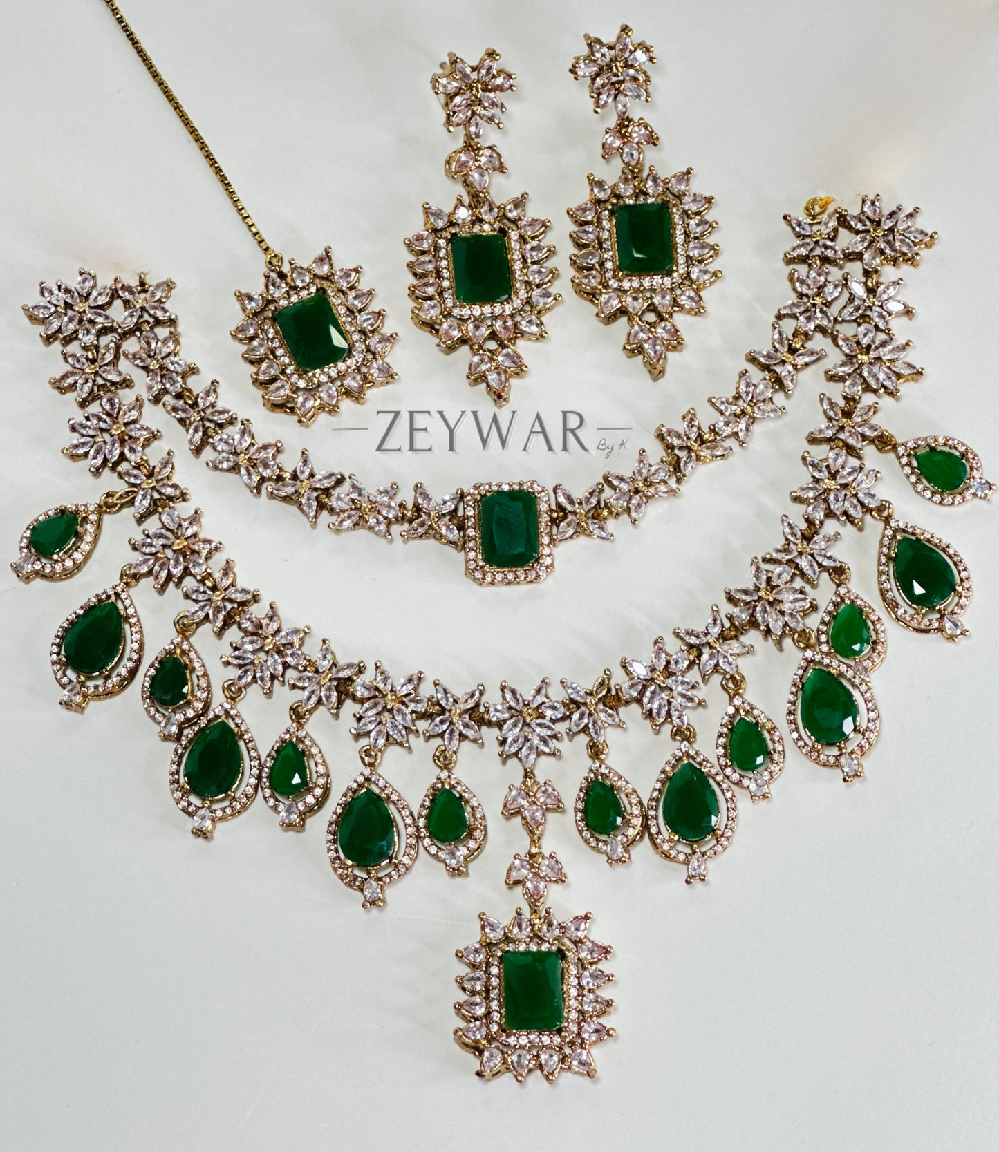 AMEERAH [Gold] | CZ Double Layer Necklace with Earrings & Tikka