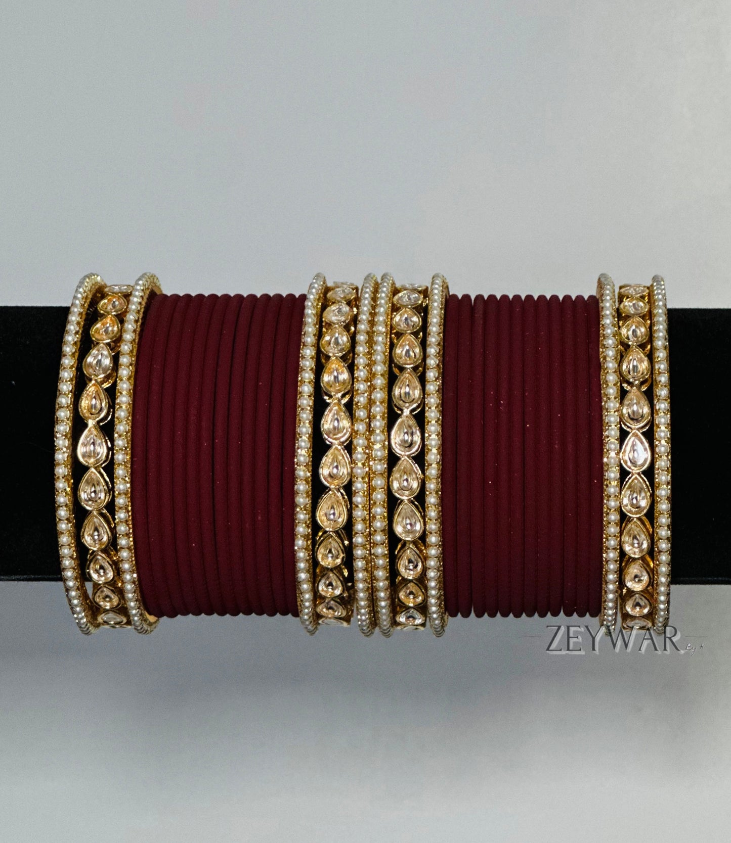 BANGLES | Maroon | Glass Bangles with Kundan & Pearl Karey