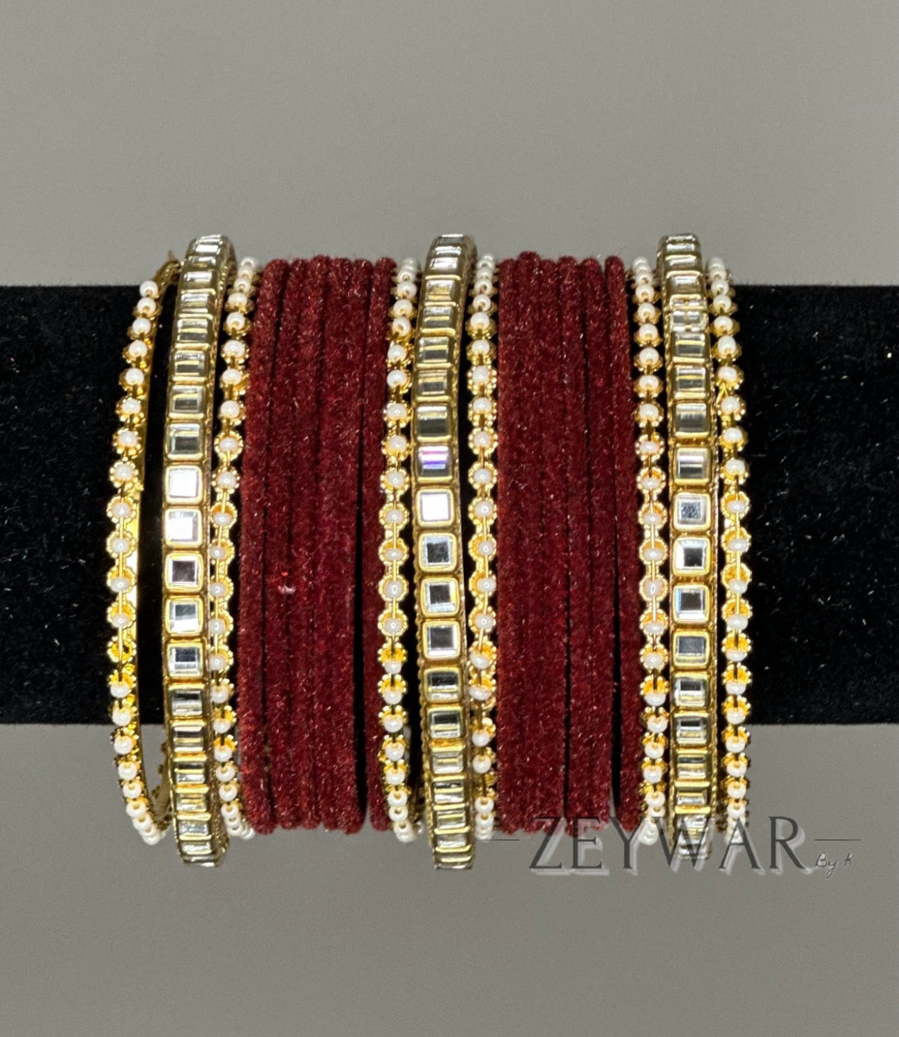 BANGLES | Maroon | Velvet Bangle with Kundan Dividers