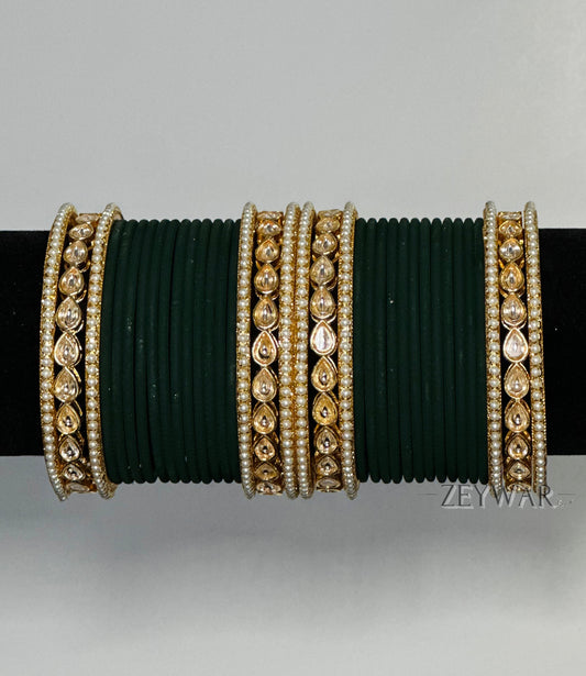 BANGLES | Dark Green | Glass Bangles with Kundan & Pearl Karey