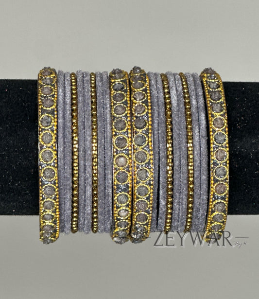 BANGLES | Light Gray | Velvet Bangle with Zircon Dividers