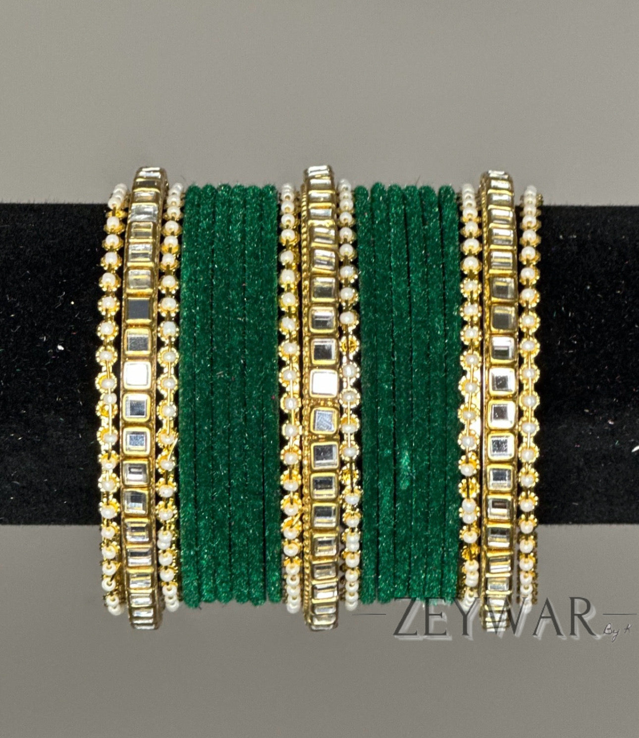 BANGLES | Dark Green | Velvet Bangle with Kundan Dividers