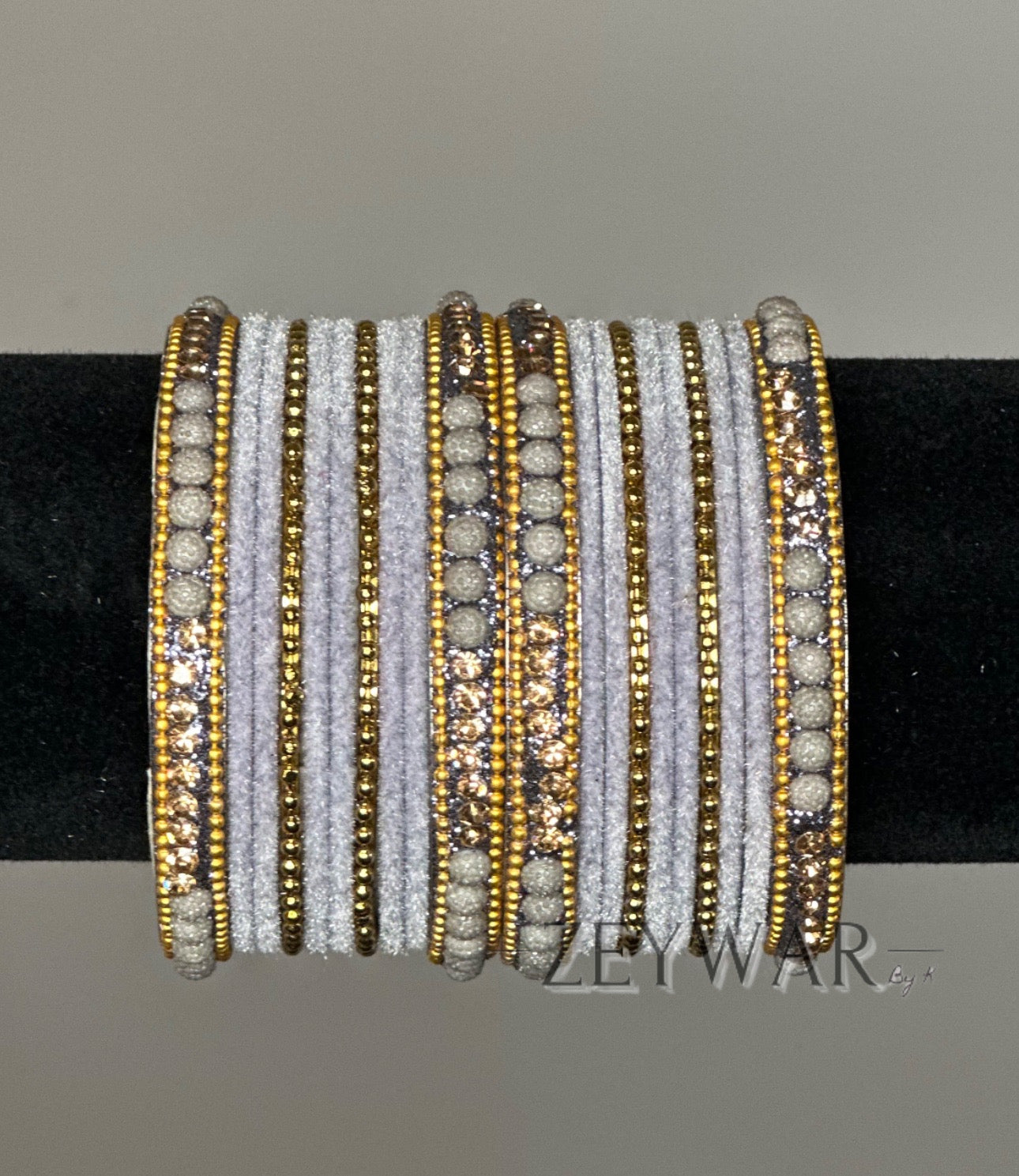 BANGLES | Light Gray | Velvet Bangle with Zircon Dividers