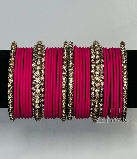 BANGLES | Hot Pink | Glass Bangles with Polki Karey