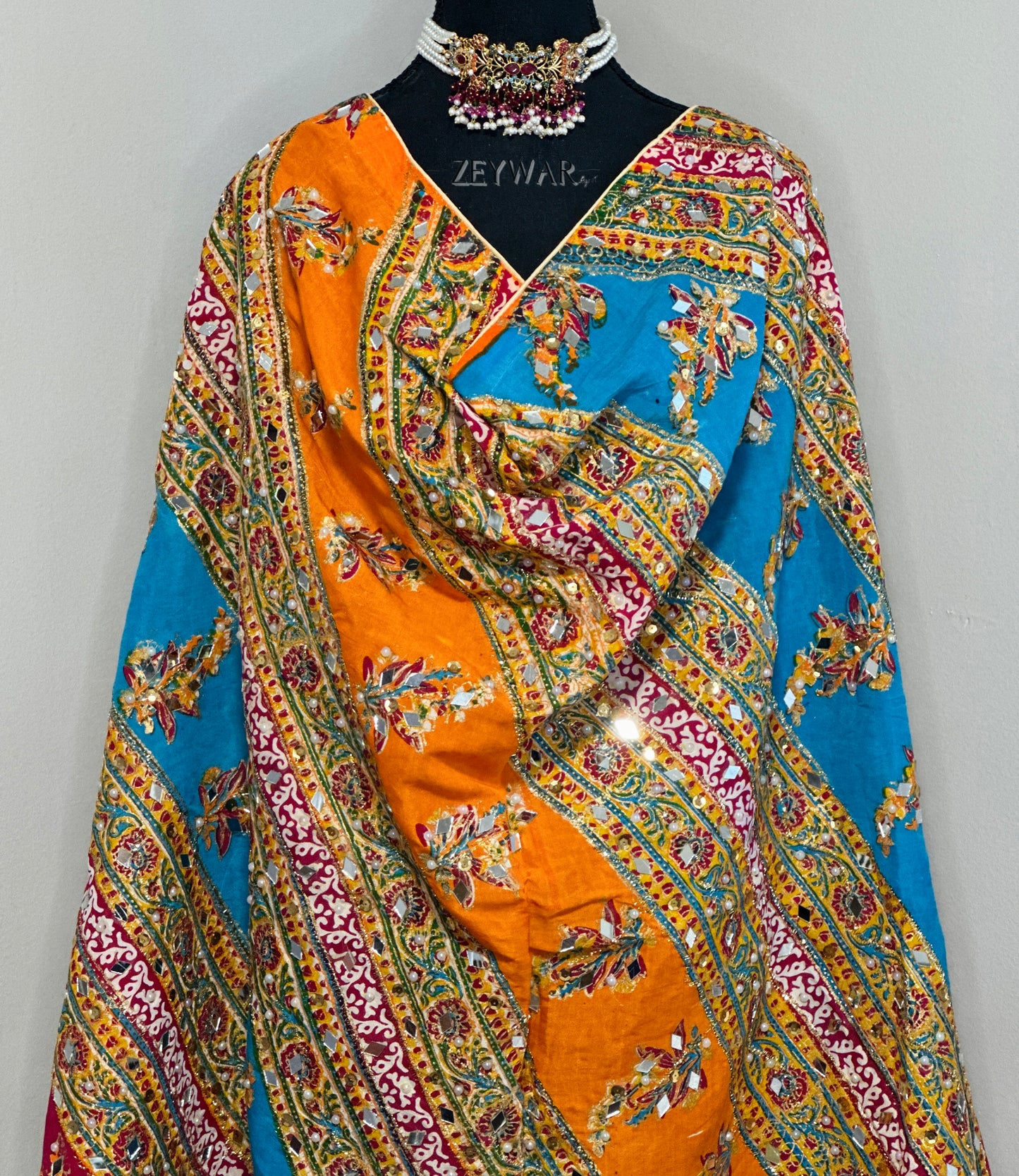 PAKISTANI DUPATTA | Blue, Orange, Pink | Handmade