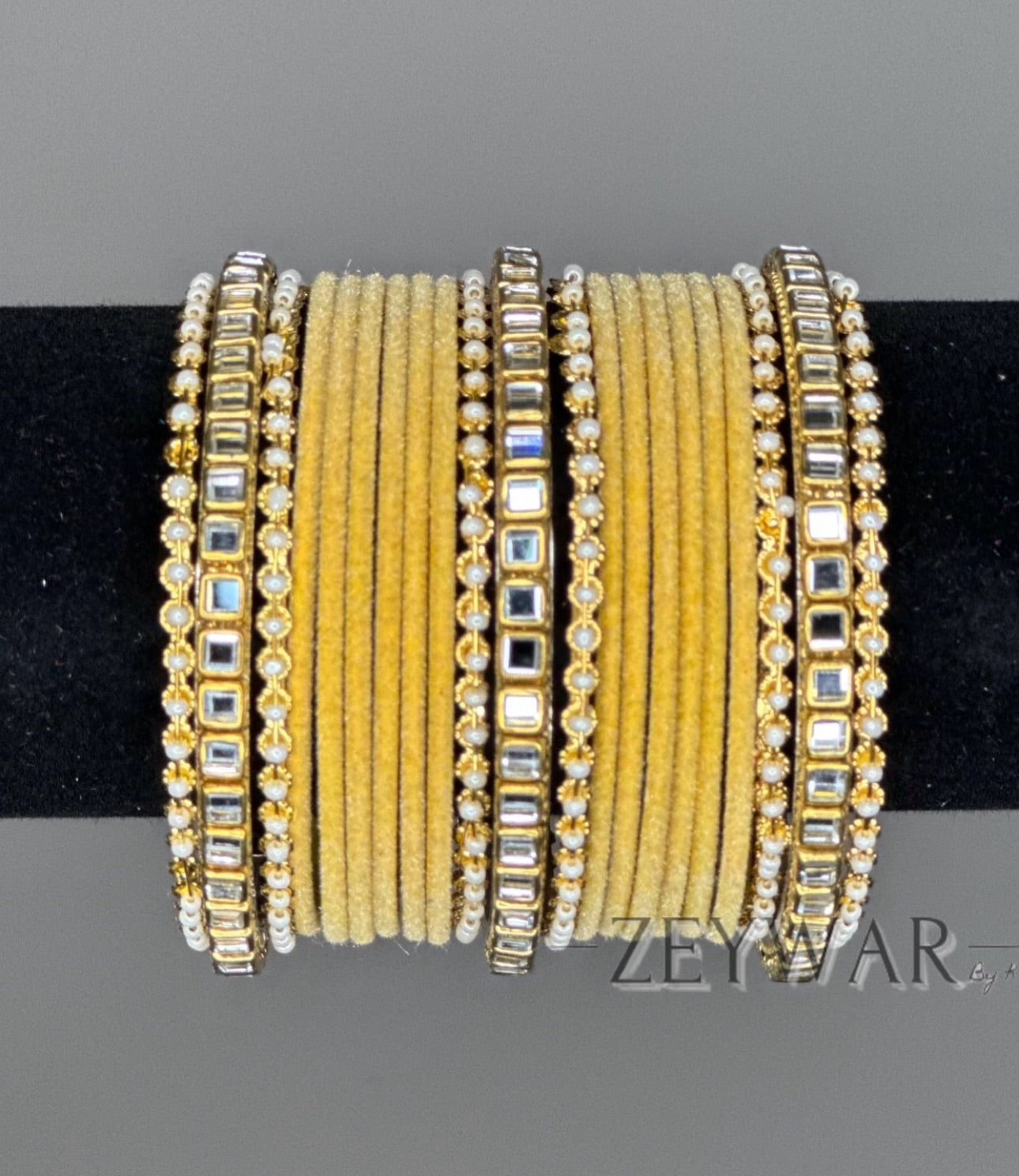 BANGLES | Yellow | Velvet Bangle with Kundan Dividers