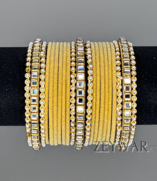 BANGLES | Yellow | Velvet Bangle with Kundan Dividers